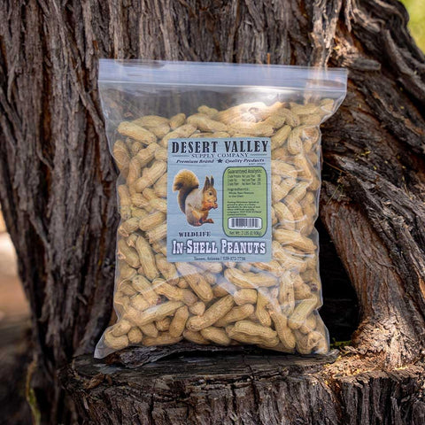 Desert Valley Supply wildlife feeding station with shell-on peanuts attract wildlife.