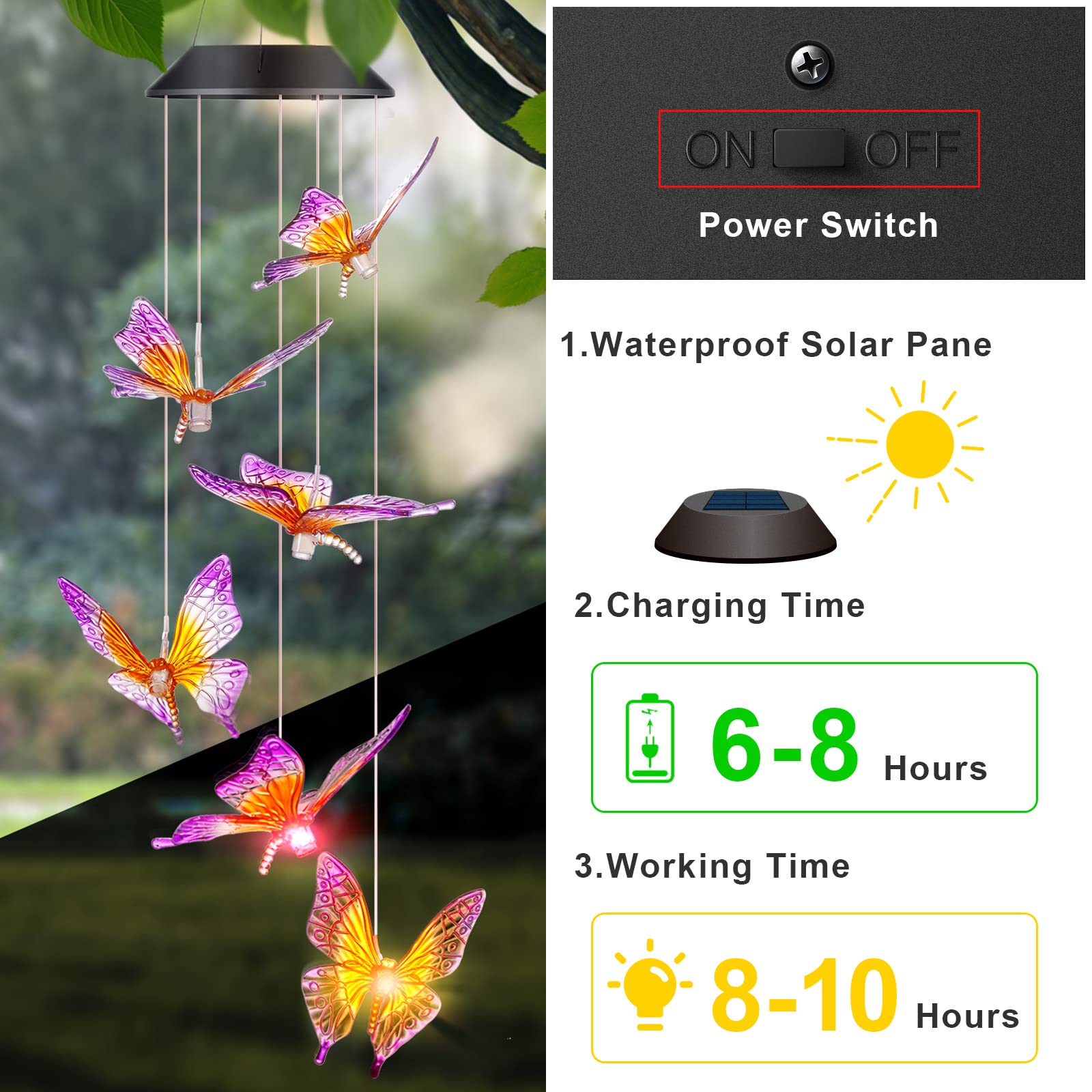 DesGully Butterfly Wind Chime solar powered illumination for garden nights