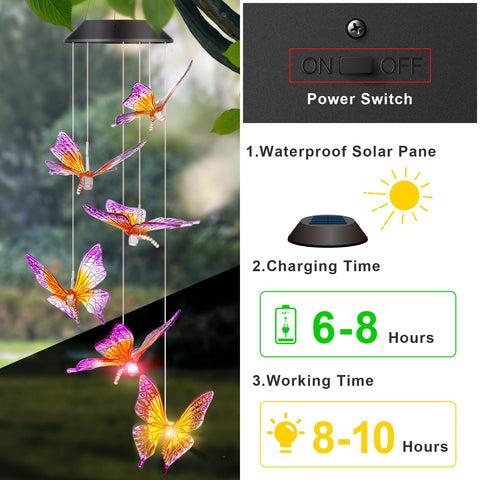 DesGully Butterfly Wind Chime solar powered illumination for garden nights