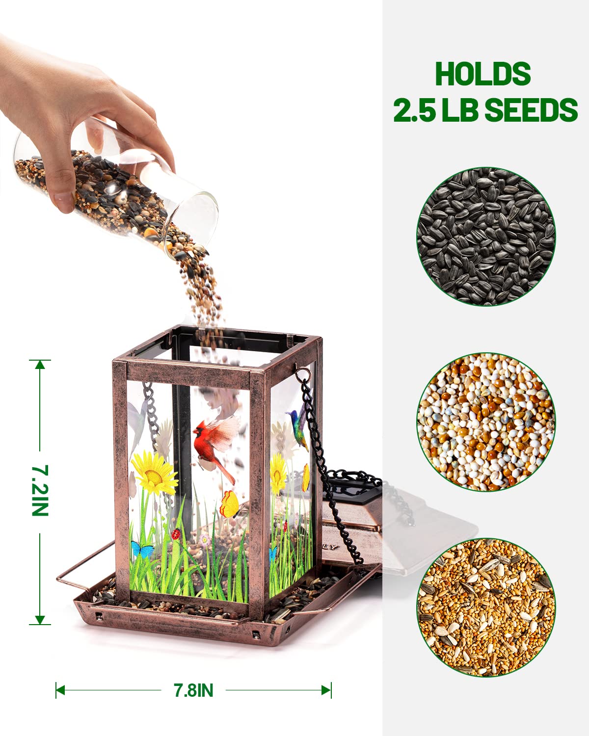 DesGully solar bird feeder acrylic center detail adds visual appeal.
