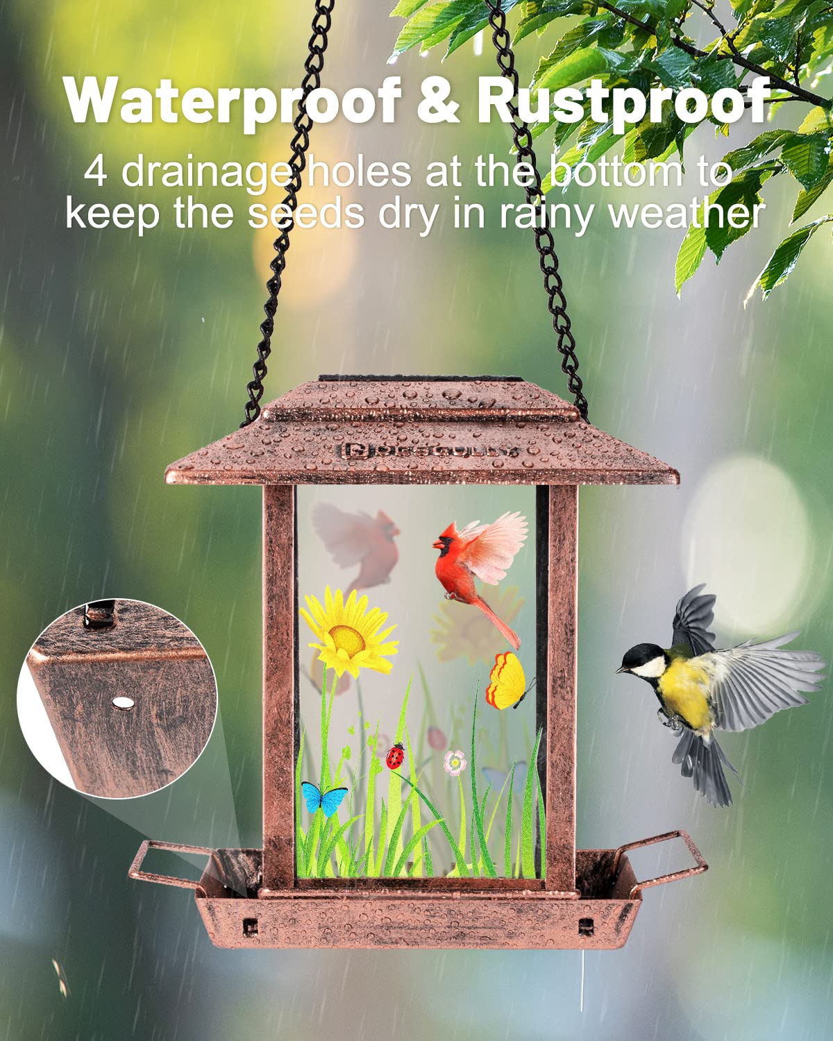 DesGully solar bird feeder close up seed tray with drainage for dry seeds.