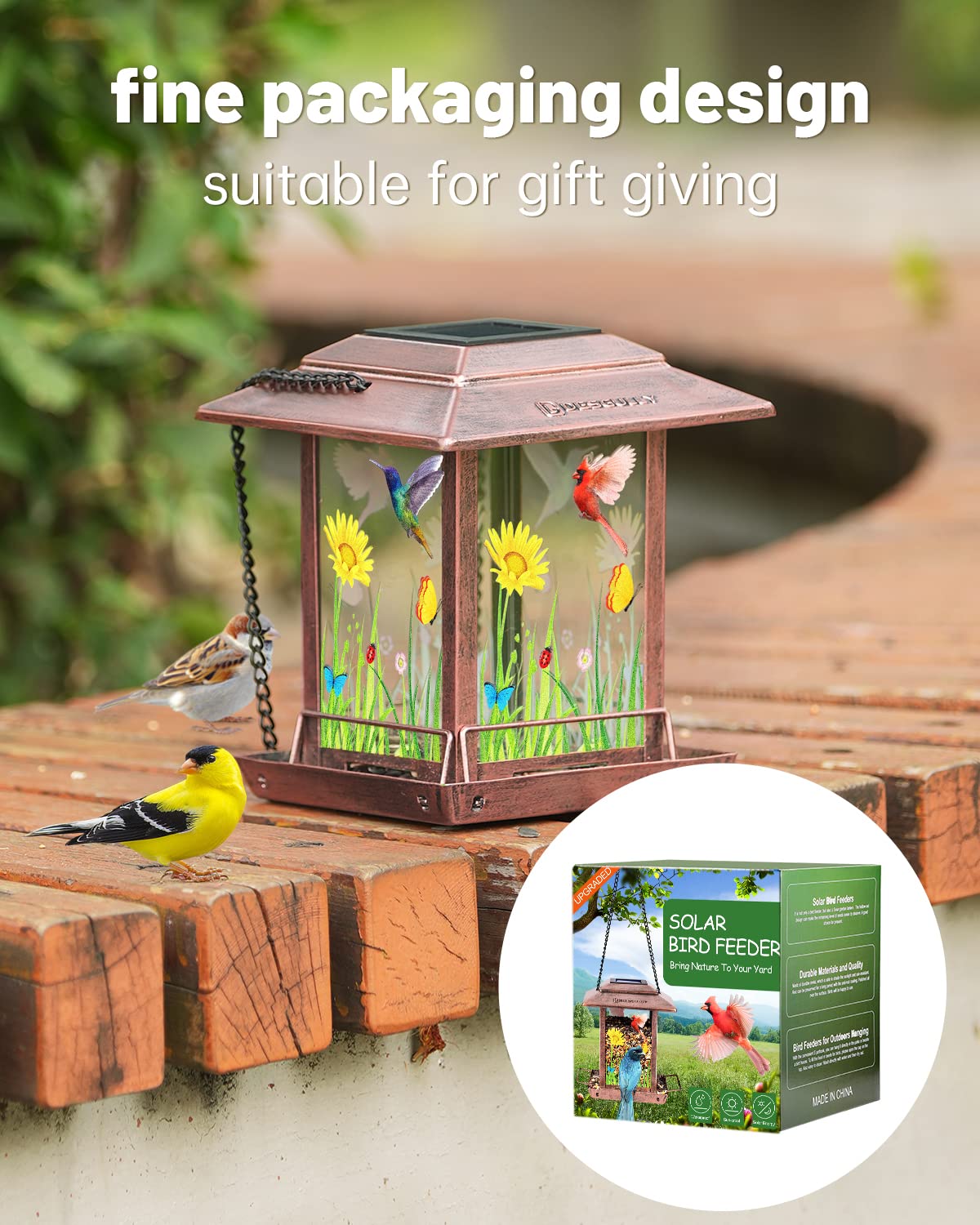 DesGully solar bird feeder rust proof metal withstands outdoor conditions.