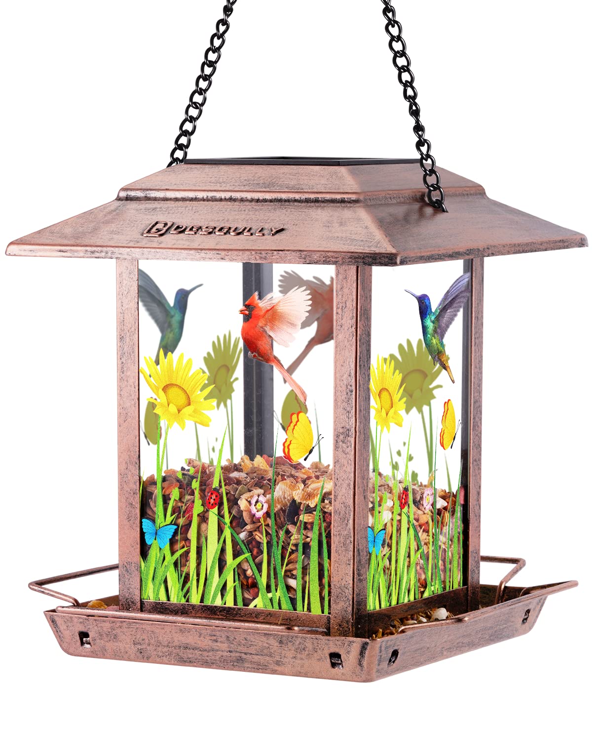 DesGully solar bird feeder top view with four seed outlets for easy bird feeding.