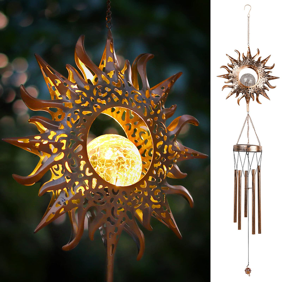 DesGully solar wind chimes glow with crackle glass LED for cozy outdoor evenings.