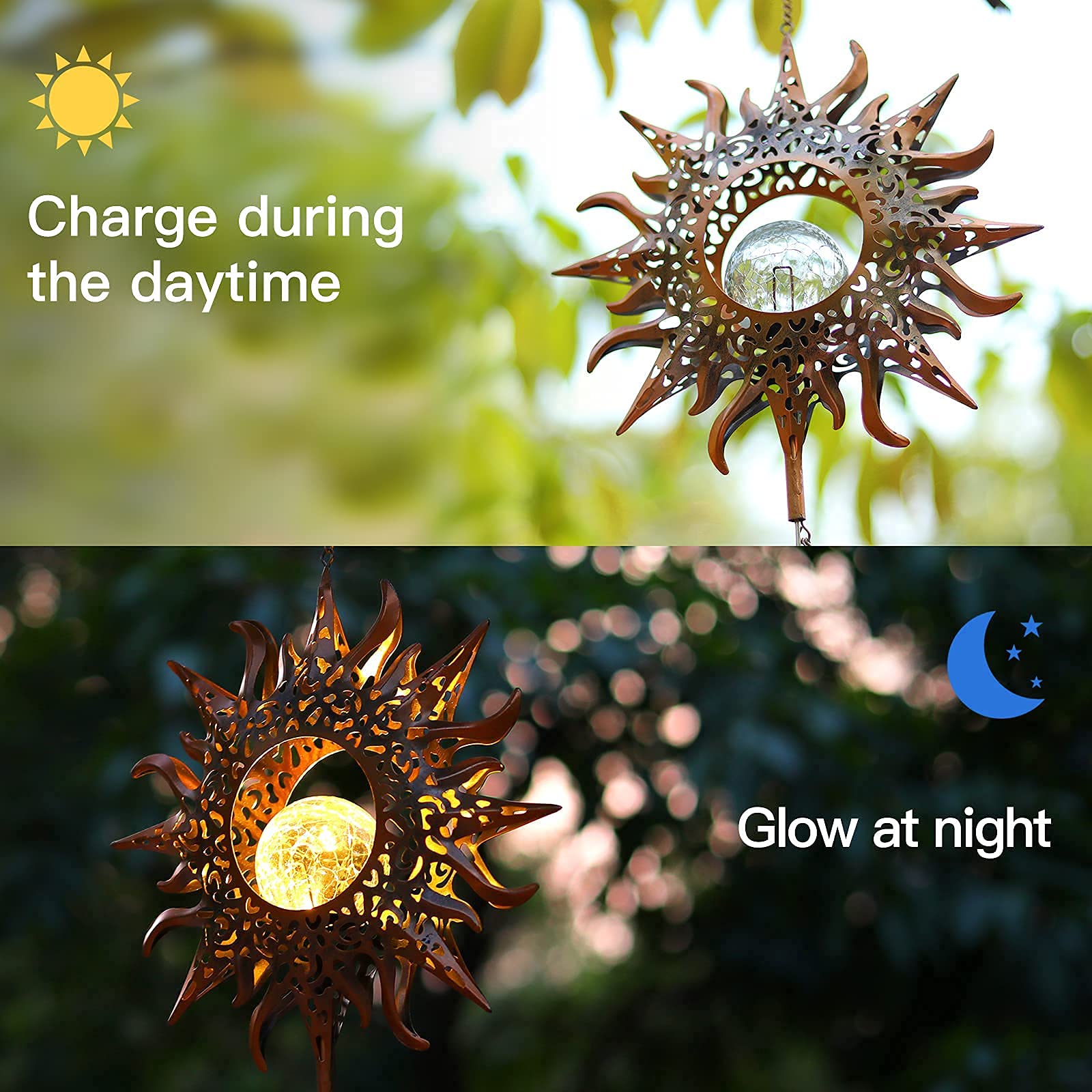 DesGully sun wind chime features hollow design for even glow outdoors.