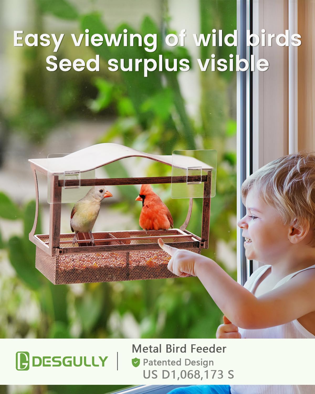 DesGully window feeder metal tray keeps seeds dry for refills.