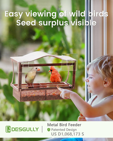 DesGully window feeder metal tray keeps seeds dry for refills.
