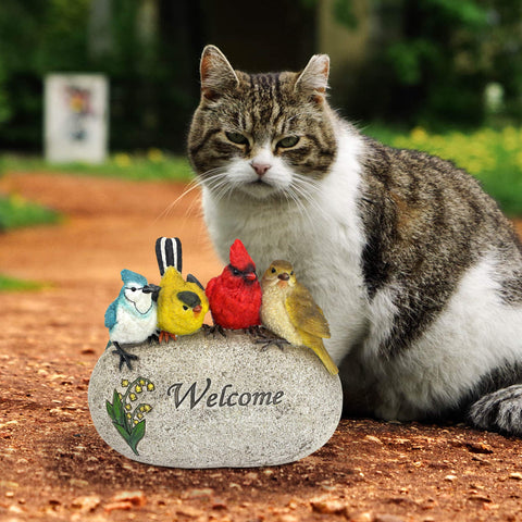 Design Toscano Birdy Welcome stone vivid colors resist UV fade.