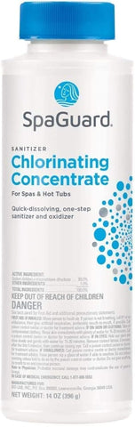 Detailing Connect SpaGuard Chlorine Concentrate bottle for fast spa water sanitation and easy shocking.