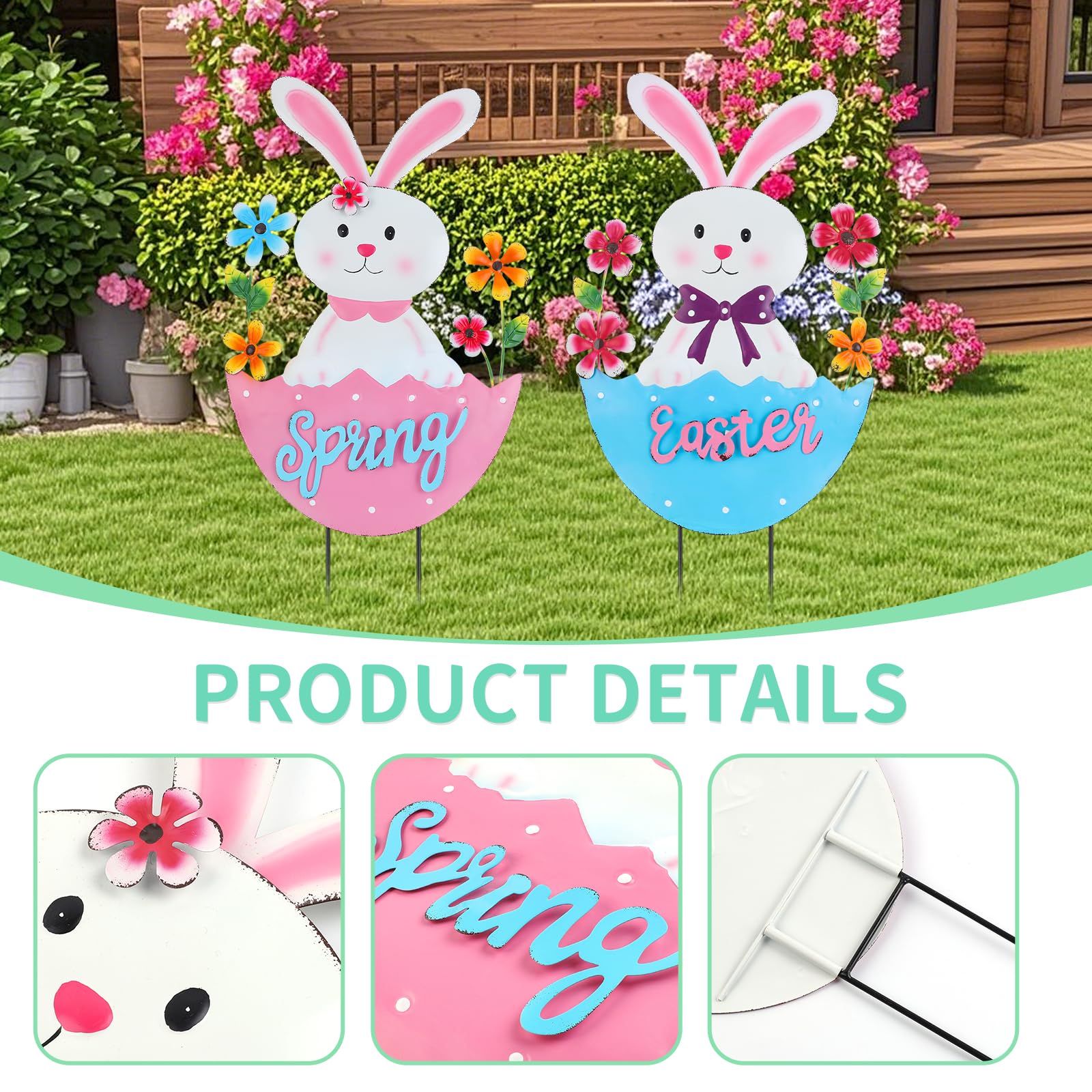 DETENE blue Easter bunny stake features floral accents for seasonal decor.