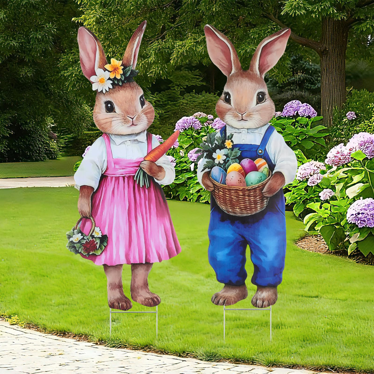 DETENE Easter bunny yard stake with carrot basket enhances spring curb appeal.