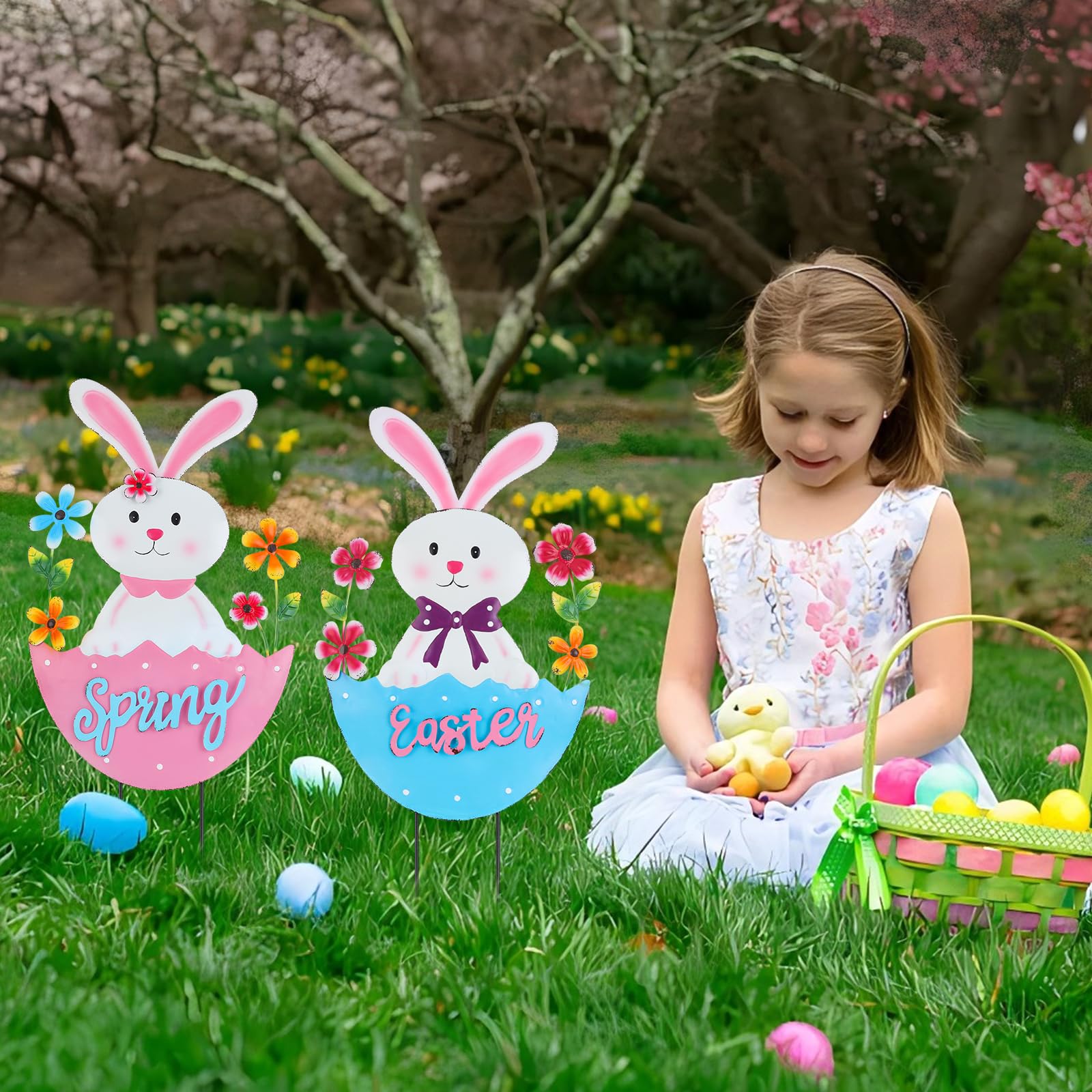 DETENE bunny stakes with floral accents and bow ties add festive charm.