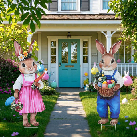 DETENE two-pack bunny yard signs offer versatile garden decor for Easter.