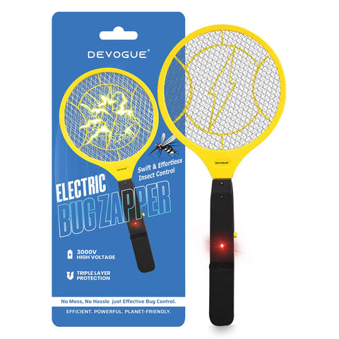 DEVOGUE electric fly swatter racket with compact design for quick indoor use.