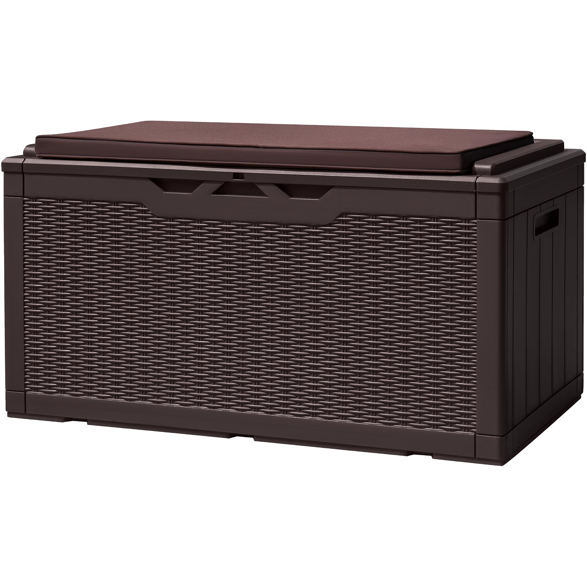 Devoko 100-Gallon deck box with waterproof resin exterior for outdoor cushion storage.