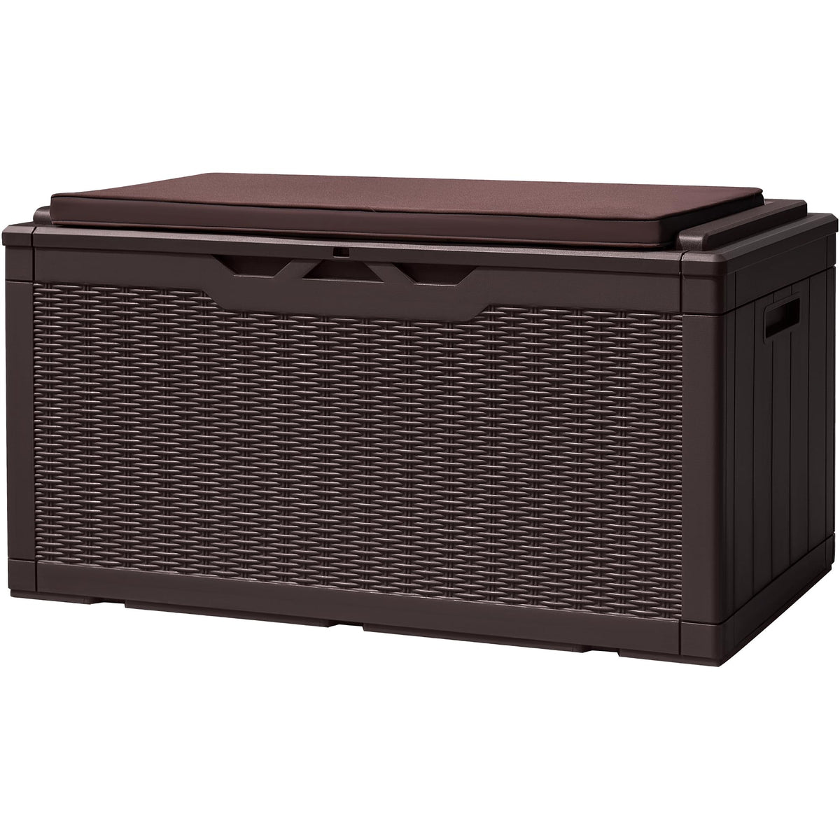Devoko 100-Gallon deck box with waterproof resin exterior for outdoor cushion storage.