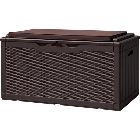 Devoko 100-Gallon deck box with waterproof resin exterior for outdoor cushion storage.
