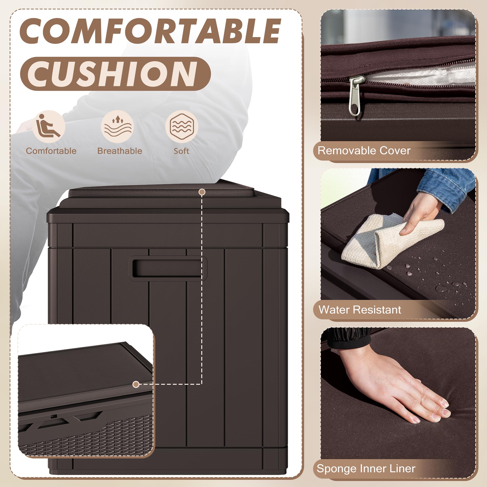 Devoko cushioned bench lid opens to reveal a large storage space.