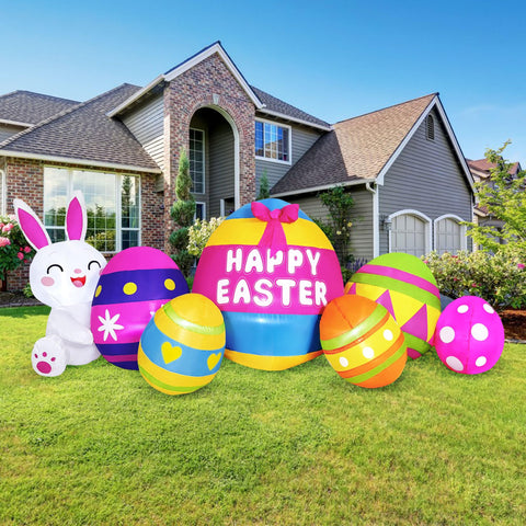 Devonwide 8-4ft Easter inflatable with bunny and eggs brightens your yard for a festive curb appeal