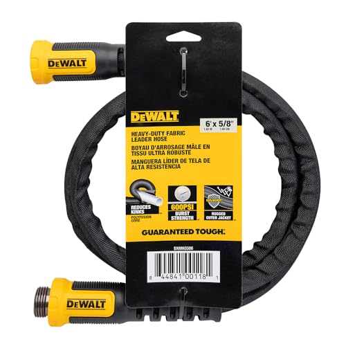 DEWALT 6 ft x 5/8 in hose shows connection area designed for secure tightenings.