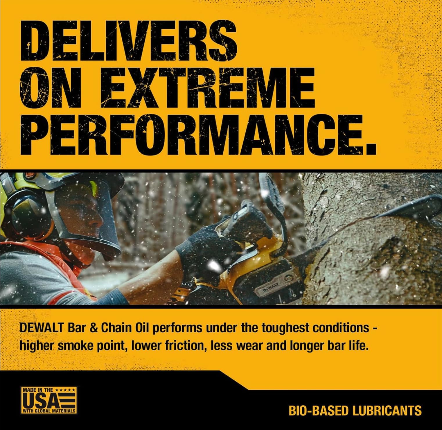 All-season DEWALT oil for gas and electric saws in action.