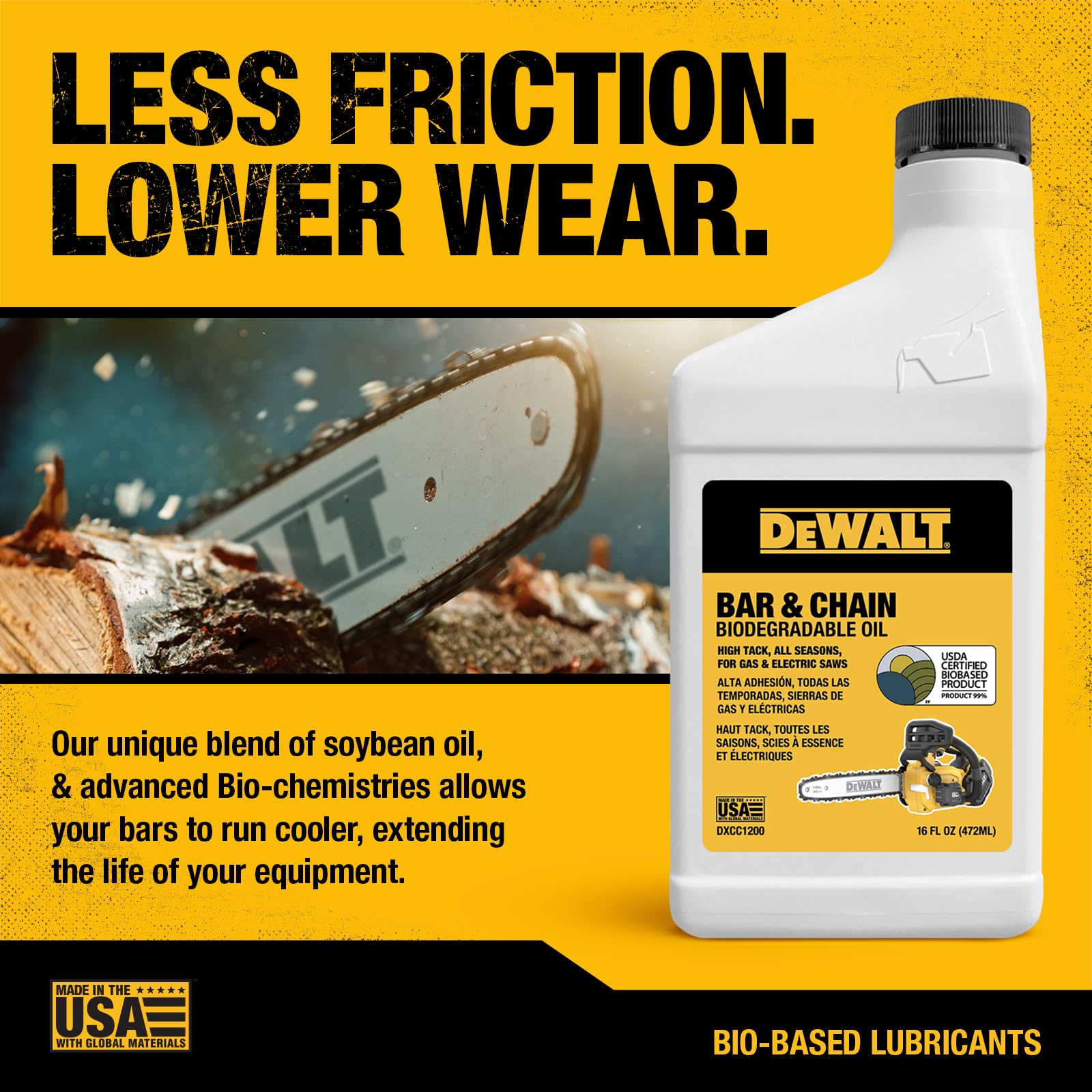 DEWALT bar and chain oil on saw chain in use reduces wear during cutting.