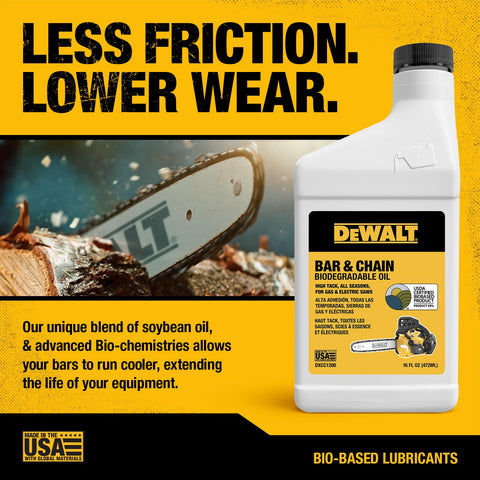DEWALT bar and chain oil on saw chain in use reduces wear during cutting.