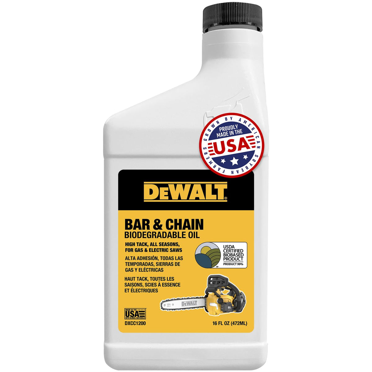 DEWALT biodegradable bar and chain oil bottle restores cutting performance while staying eco friendly.