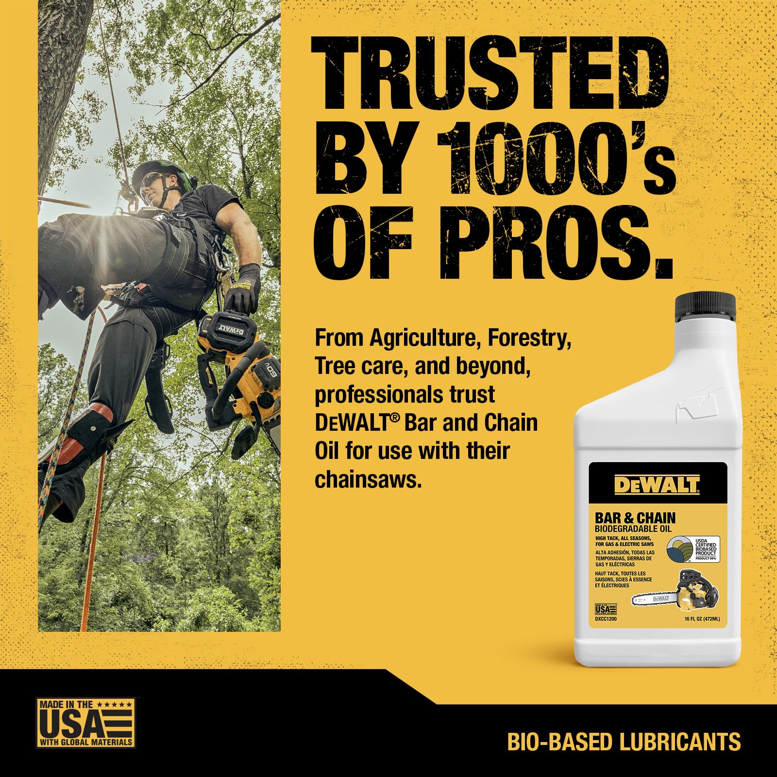 DEWALT biodegradable bar and chain oil eco friendly impact emphasized by labeling.