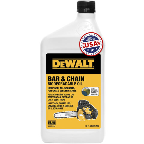 DEWALT biodegradable bar and chain oil in green bottle provides eco-friendly lubrication.