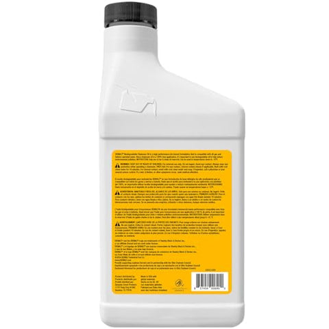 DEWALT biodegradable bar and chain oil green label closeup highlights eco friendly formula.