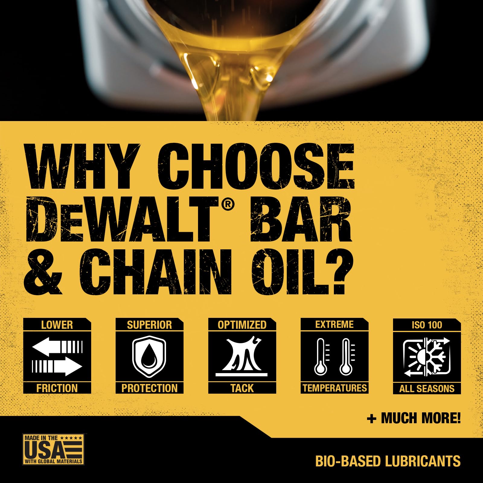 DEWALT biodegradable bar and chain oil soy based formula for safer operation around waterways.