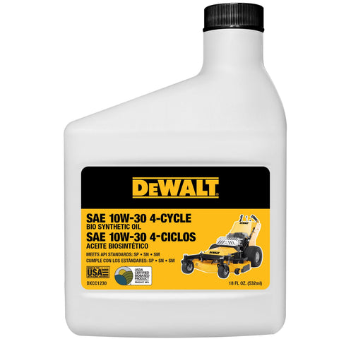 DEWALT Biosynthetic oil bottle front view for high-output engines.