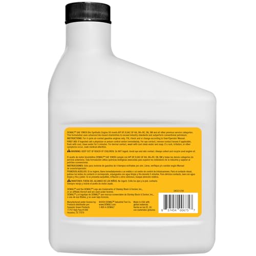 DEWALT Biosynthetic oil bottle label closeup highlighting API SP readiness.