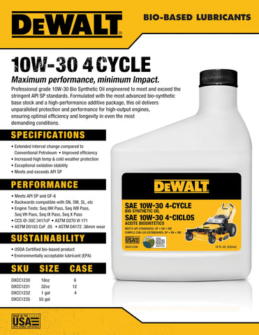 DEWALT Biosynthetic oil bottle pour shows smooth flow for quick top-offs.