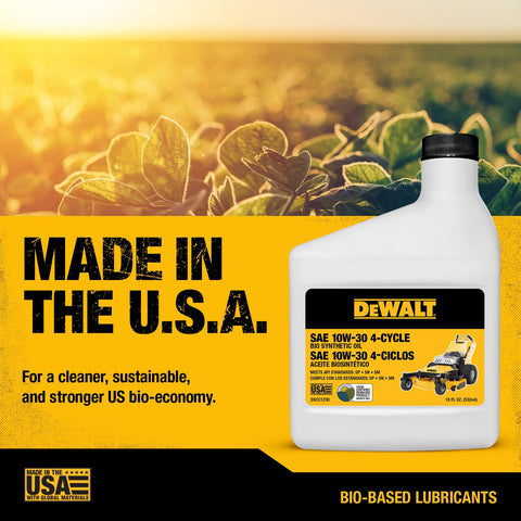 DEWALT Biosynthetic oil in generator-in-action indicates reliable startup performance.