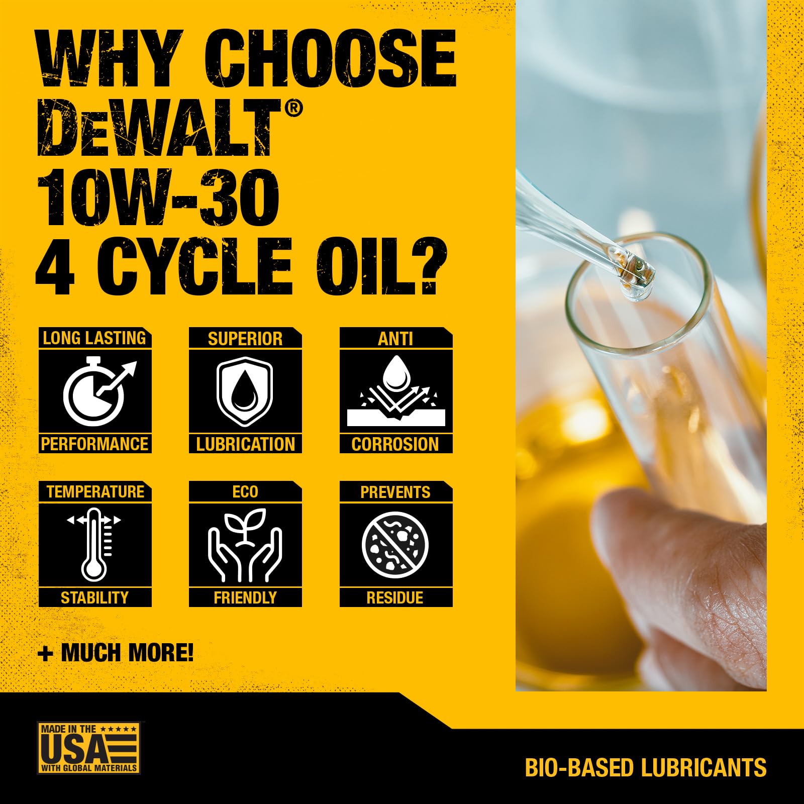 DEWALT Biosynthetic oil packaging box signals professional-grade quality.