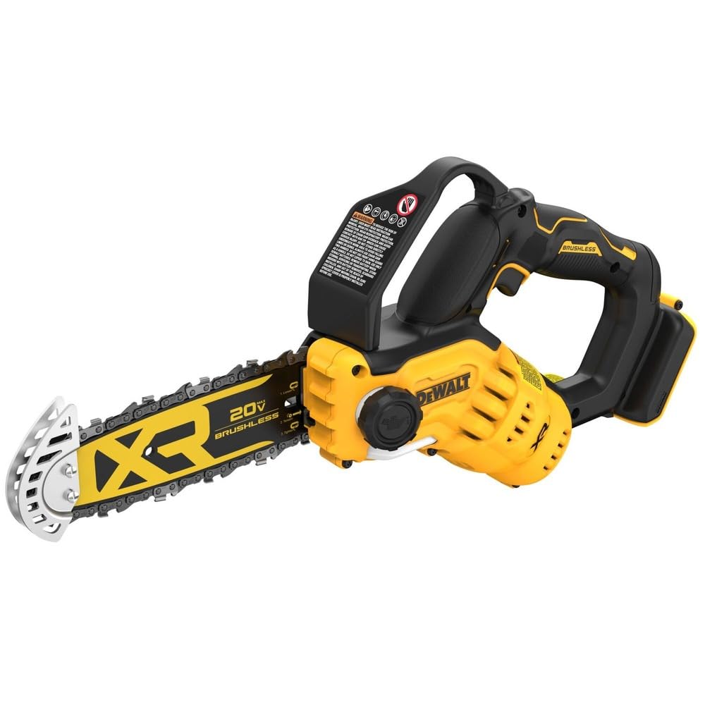 DEWALT chainsaw pruning 20V 8in bar closeup highlighting the cutting area