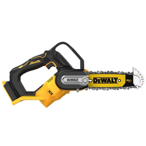 DEWALT chainsaw pruning 20V 8in battery closeup emphasizing cordless power