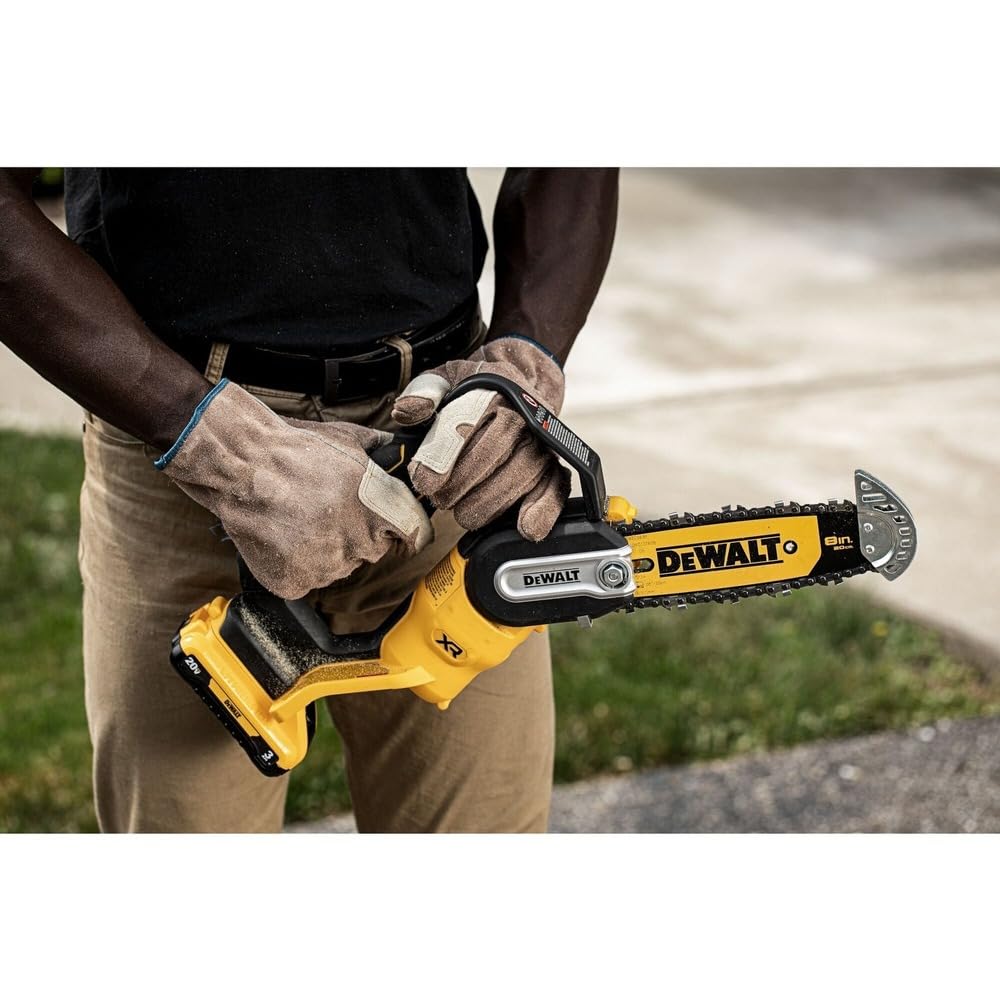 DEWALT chainsaw pruning 20V 8in in garden pruning scenario
