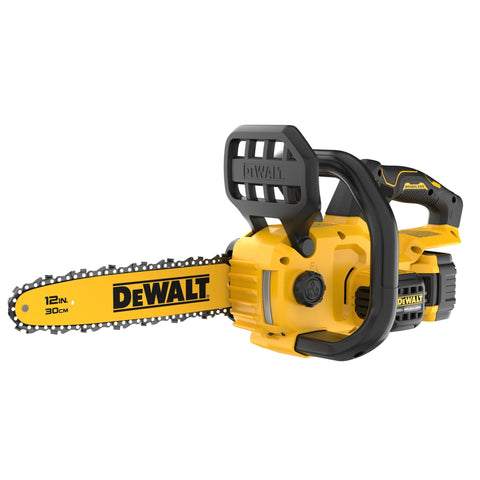 DEWALT DCCS621P1 with 12-inch bar showing precise, low-kickback cuts on branches.