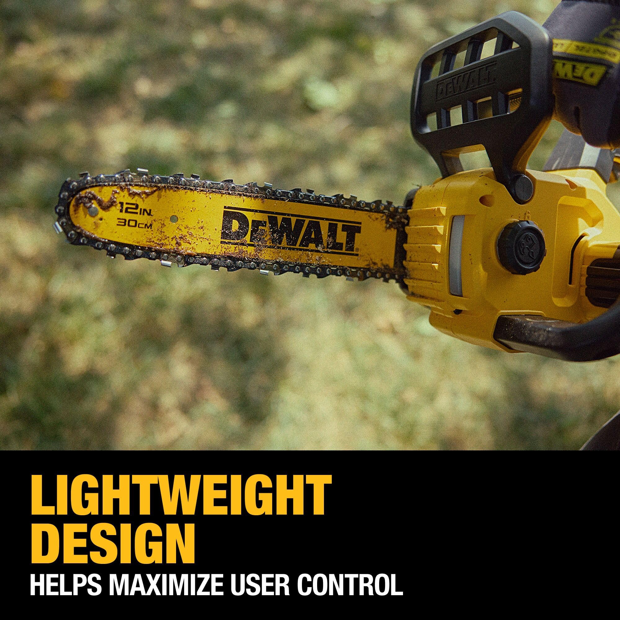 DEWALT DCCS621P1 low kickback bar shown for safer outdoor cutting tasks.