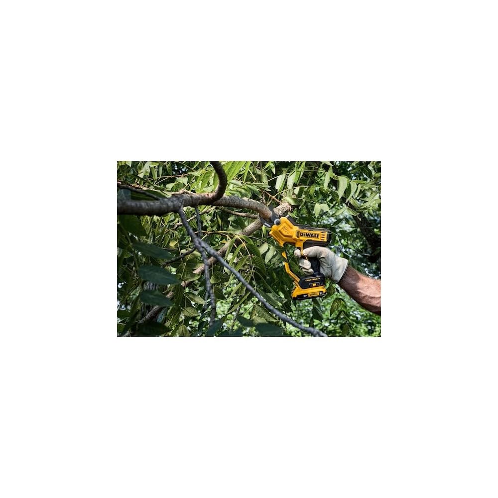 DEWALT DCPR320D1 20V MAX battery powers cordless pruning sessions.
