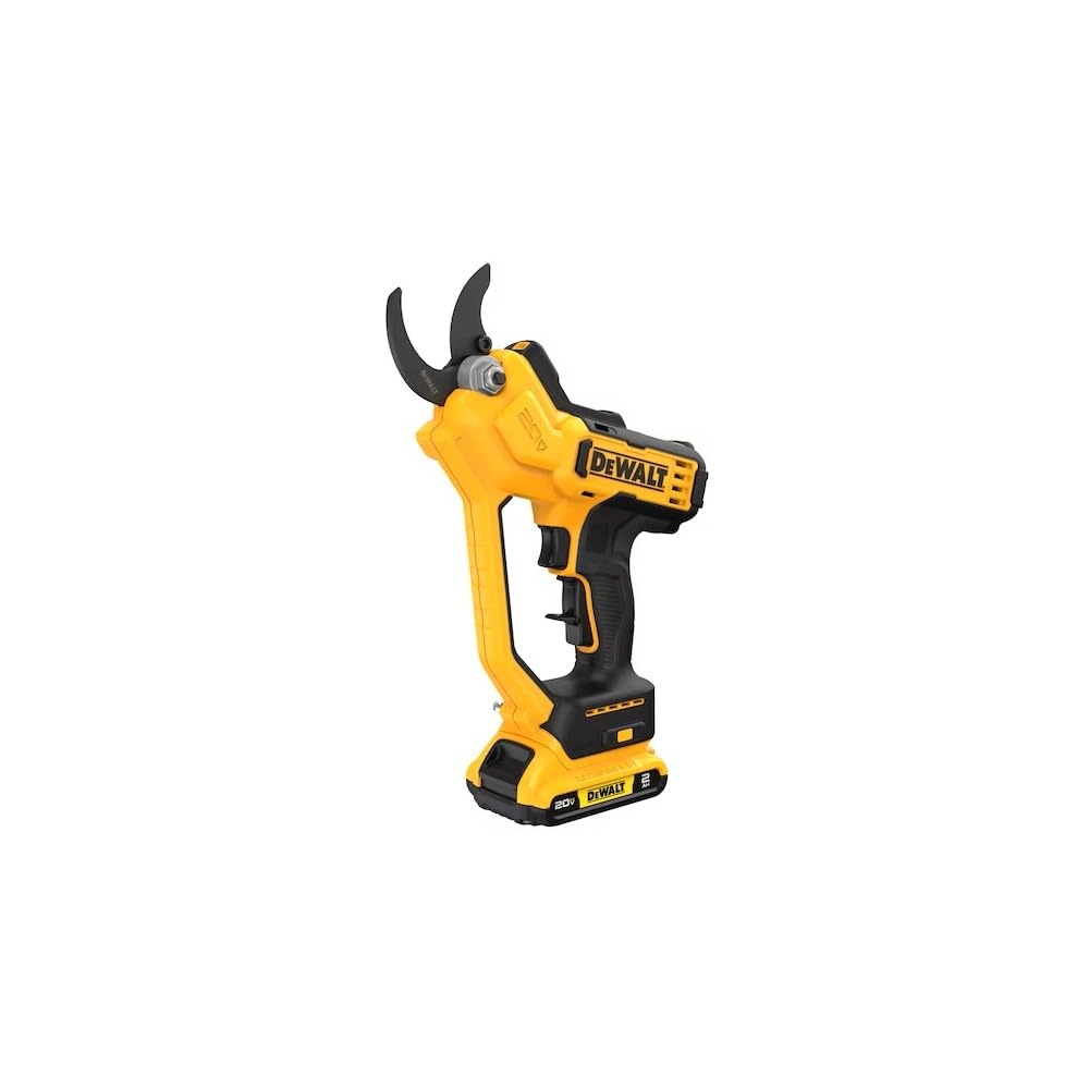 DEWALT DCPR320D1 pruner in use cutting thick stems with ease.
