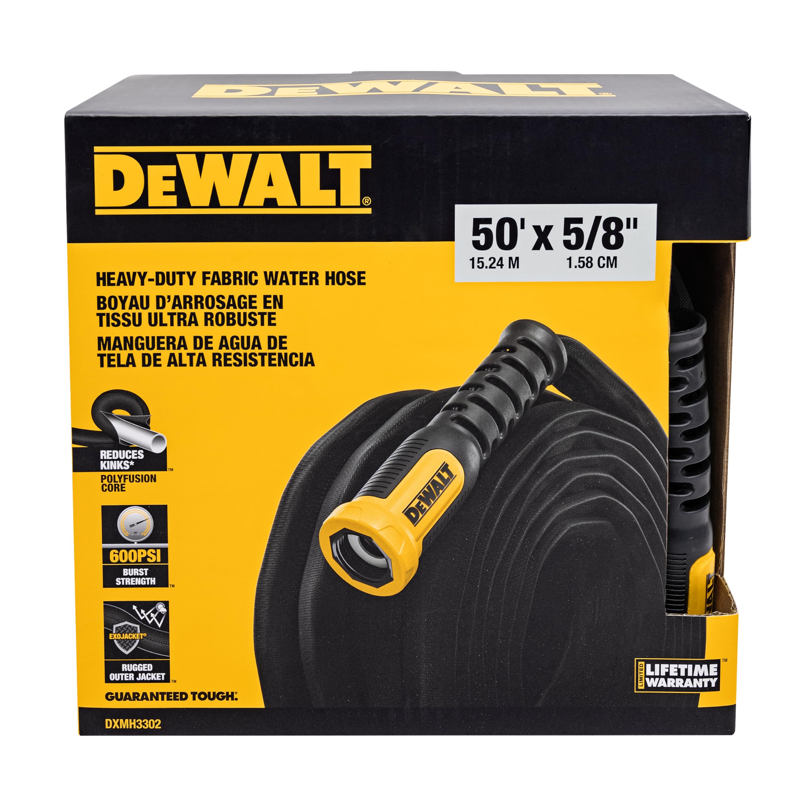 DEWALT DXMH3302 exterior fabric hose showing rugged durability for outdoor watering.