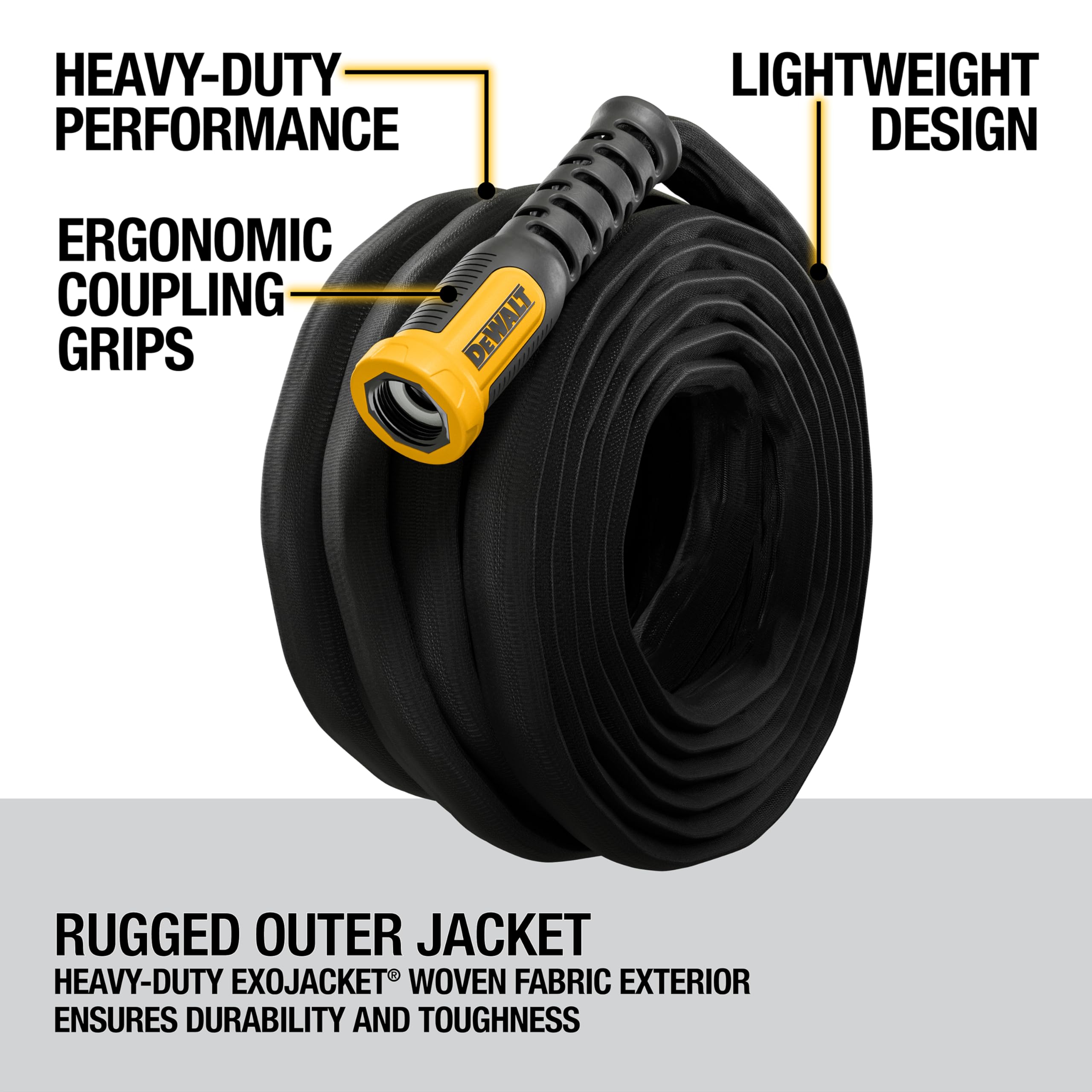 DEWALT DXMH3304 100ft fabric hose coil; easy storage and quick deployment.