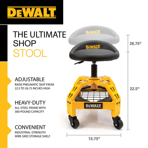 DEWALT DXSTAH025 height adjustment demonstrates flexible seating from 22.5 to 26.75 inches.