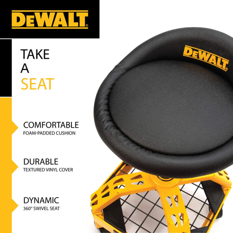 DEWALT shop stool storage shelf keeps essential tools within reach.