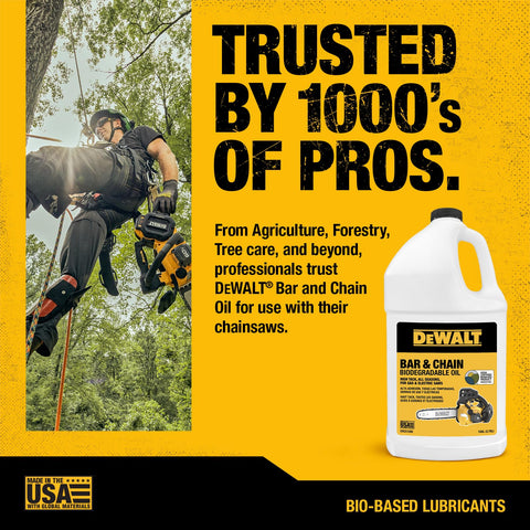 Forest work scene using DEWALT oil for smooth cuts.