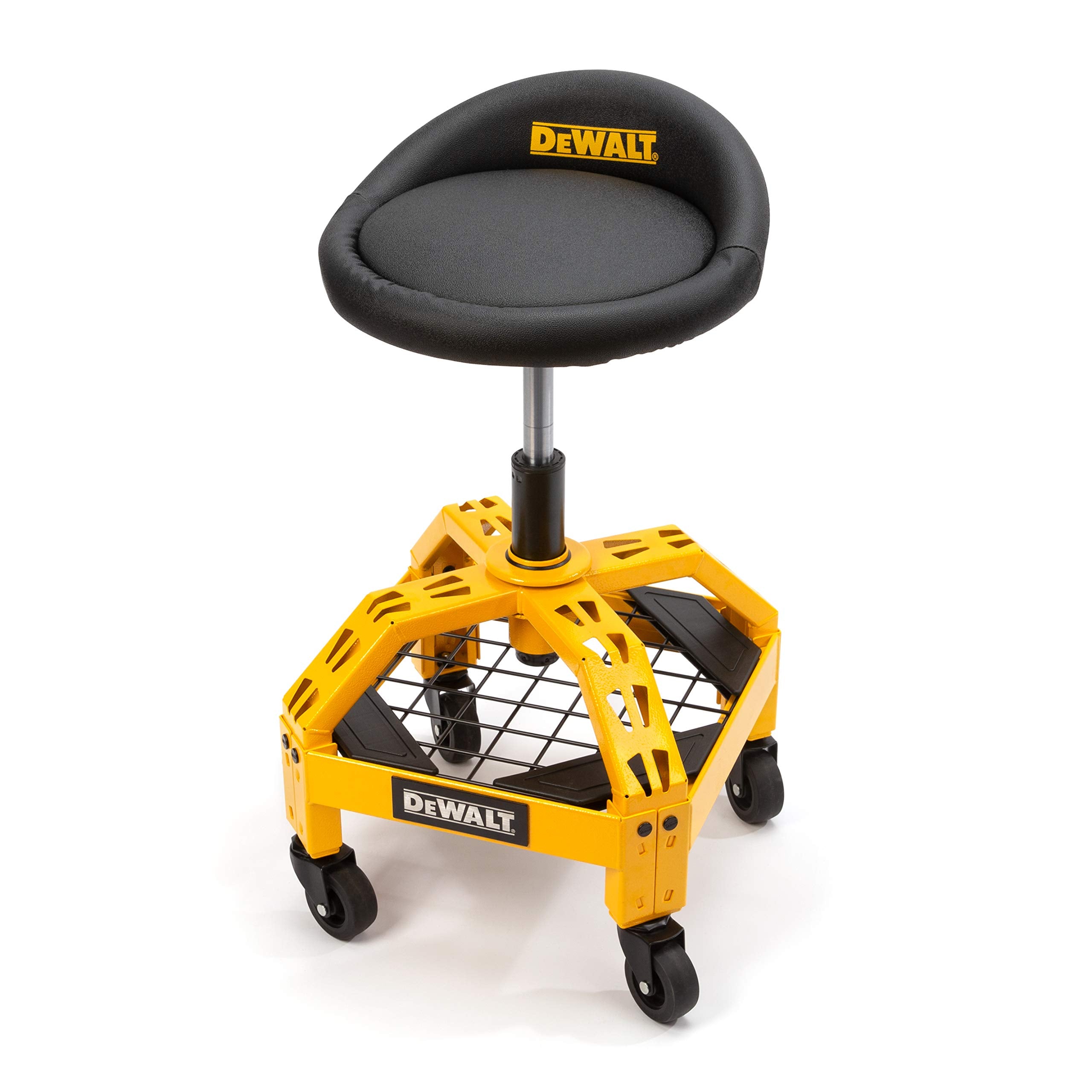 DEWALT heavy duty rolling shop stool seat with foam padding for comfortable all-day use.